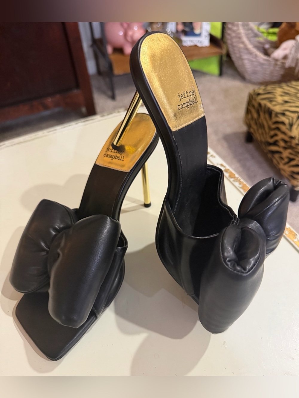 Jeffrey Campbell Black Puffy Bow Gold Stiletto Mule Heels Size 8